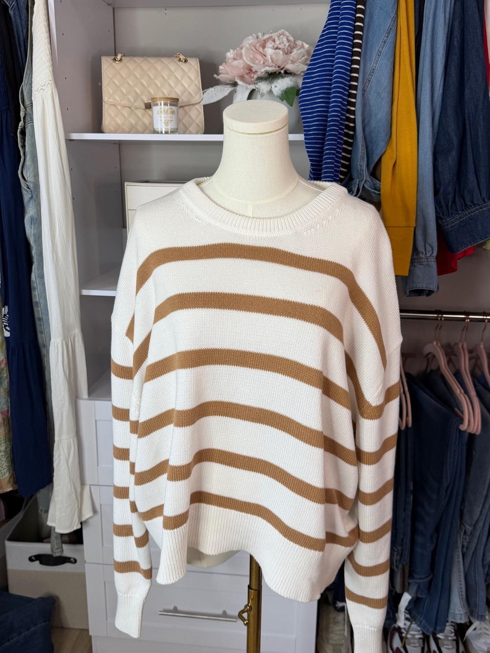 Time and Tru Cream and Tan Striped Crewneck Sweater